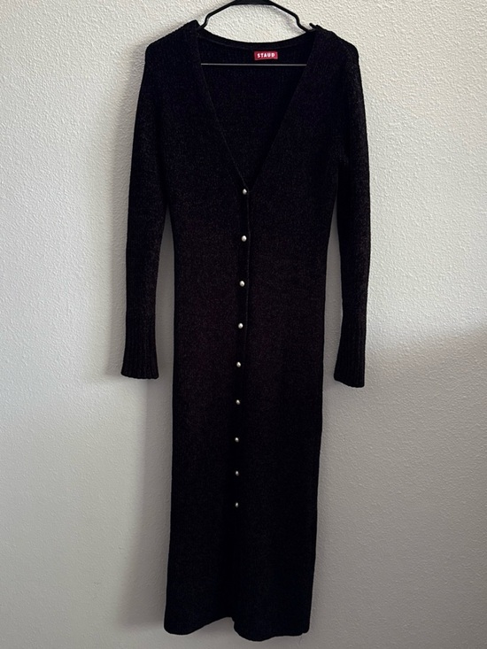 STAUD Dresses & Skirts - STAUD Black Ribbed Knit Maxi Dress Pearl Button Front Deep V-Neck Long Sleeve